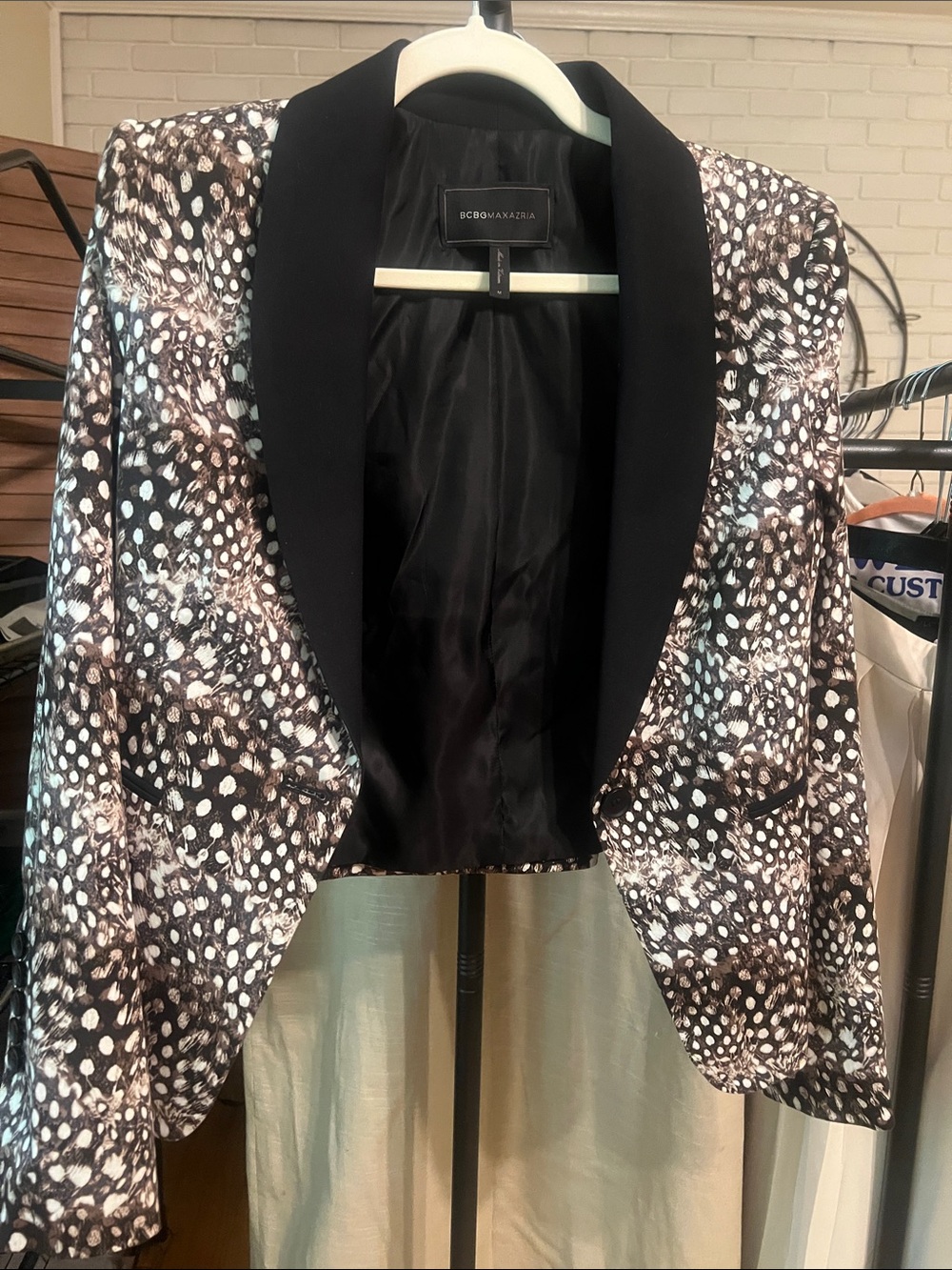 BCBGMaxAzria Black and White Printed Shawl-Collar Blazer with Black Lapel